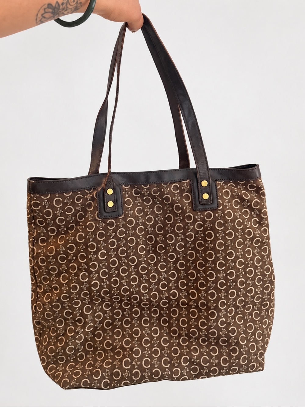 Vintage Celine C Macadam Monogram Shopper Tote Brown Canvas Leather CE00/32